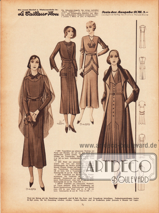 4373: Trauerkleid aus schwarzem Wollrips mit Passe und Blenden, die auf die dem Rock eingearbeiteten Godets greifen. Kragen und Aufschläge aus Trauerkrepp.
4374: Kleid aus schwarzem Wollstoff zur Trauer. Die vorn und rückwärts eingelegten Faltengruppen des Rockes greifen auf den Schoß. Blende, Einsatz, Kragen und Manschetten bestehen aus Trauerkrepp.
4375: Trauerkleid aus Marocain mit Plisseegarnierung. Am Vorderteil ist ein Jabot angebracht. Glockenrock mit enganliegender Hüftpasse.
4376/77: Ensemble aus schwarzem Wollstoff, zur Trauer geeignet. Kleid mit Kreppbesatz, am Mantel Sealgarnierung.