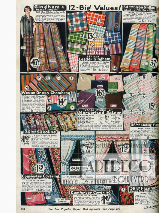 Gingham, Chambray, merzerisiertes Satin, Flanell für verschiedene Verwendungen. Unten finden sich Küchenvorhänge mit Rüschen.
