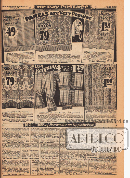 Seite mit Stoffbahnen, die als Vorhänge dienen. Die Vorhänge sind aus Marquisette, mit Jacquard gewebtem Rayon-Marquisette, Rayon Spitze, Schatten Spitze, kariertem Marquisette und ornamental gewebtem Rayon. Alle Vorhänge sind mit Fransen oder Rüschen versehen.
Unten befinden sich die Beschreibungen für die Vorhänge auf der gegenüberliegenden Farbseite 204.