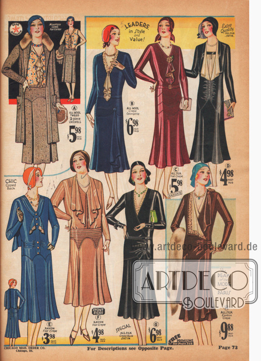 Die neue Silhouette hat sich Ende 1930 vollständig durchgesetzt. Besonders beliebt sind bei diesen Modellen Jabots, die der Linie eine leichte Beschwingtheit geben.