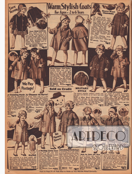 „Warme, schicke Mäntelchen – Für 2 bis 6-jährige Mädchen“ (engl. „Warm, Stylish Coats – For Ages 2 to 6 Years“).
Weite, fast knielange Mäntelchen aus Velours-Plüsch, Woll-Velours, Woll-Chinchilla, Astrachan und Woll-Mischgewebe für kleine Mädchen. Die Mäntel sind mit grauem Astrachan-, Biber-, Chinchilla- oder Kaninchenpelz sowie „Mandel fur“ (chinesisches Schaf) verbrämt. Stickereien und kleine Knöpfchen hübschen die Modelle auf.