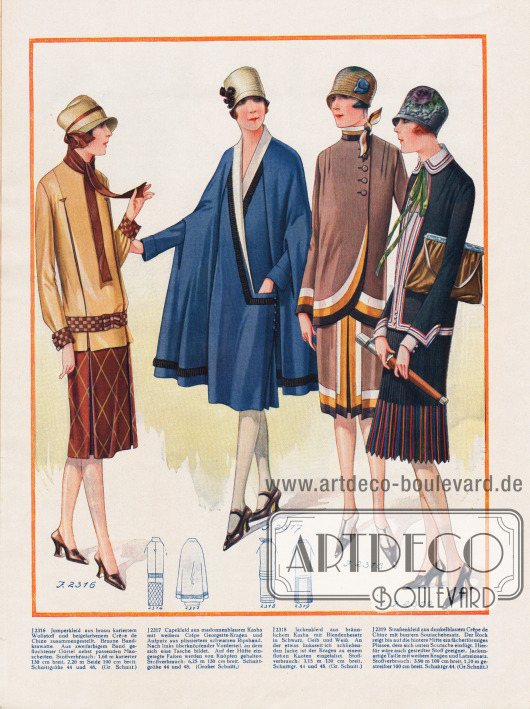 2316: Jumperkleid aus braun kariertem Wollstoff und beigefarbenem Crêpe de Chine zusammengestellt. Braune Bandkrawatte. Aus zweifarbigem Band geflochtener Gürtel nebst passenden Manschetten.
2317: Capekleid aus madonnenblauem Kasha mit weißem Crêpe Georgette-Kragen und Aufputz aus plissiertem schwarzen Ripsband. Nach links überknöpfender Vorderteil, an dem sich eine Tasche bildet. Auf der Hüfte eingelegte Falten werden von Knöpfen gehalten.
2318: Jackenkleid aus bräunlichem Kasha mit Blendenbesatz in Schwarz, Gelb und Weiß. An der etwas linksseitlich schließenden Jacke ist der Kragen zu einem flotten Knoten eingefaltet.
2319: Straßenkleid aus dunkelblauem Crêpe de Chine mit buntem Soutachebesatz. Der Rock zeigt bis auf die hintere Mitte ein fächerförmiges Plissee, dem sich unten Soutache einfügt. Hierfür wäre auch gestreifter Stoff geeignet. Jackenartige Taille mit weißem Kragen und Latzeinsatz.