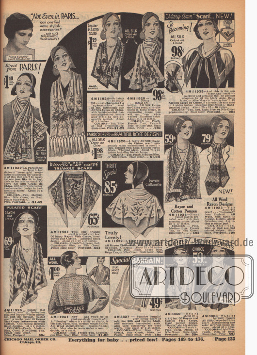 Schals für Frauen aus Seiden Krepp de Chine, Baumwoll Krepp und Wolle mit Stickereien und Musterungen. Unten zeigt sich ein Schulterjäckchen aus Wolle.
Oben rechts wirbt Alice Diplarakou, Miss Europe 1930, für die "stylischen Accessoires" auf dieser Seite.