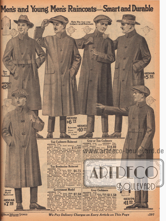 „Regenmäntel für Herren und junge Männer – schick und langlebig“ (engl. „Men’s and Young Men’s Raincoats – Smart and Durable“).
Die fast ausschließlich einreihigen Regenmäntel sind aus Woll-Kaschmir-Mischgewebe, Bombasin oder kleinkariertem Kaschmirstoff. Zwischen den Oberstoffen und den Futterstoffen befindet sich ein gummiertes Zwischenfutter, das die Mäntel wasserdicht macht. Unten links ein Regenmantel im Armeestil mit Hakenverschluss.
Alle Mäntel mit konvertierbaren Kragen und aufgesetzten Taschen mit Klappen oder schräg eingearbeiteten Taschen. Zwei Ausführungen mit Gürtel.