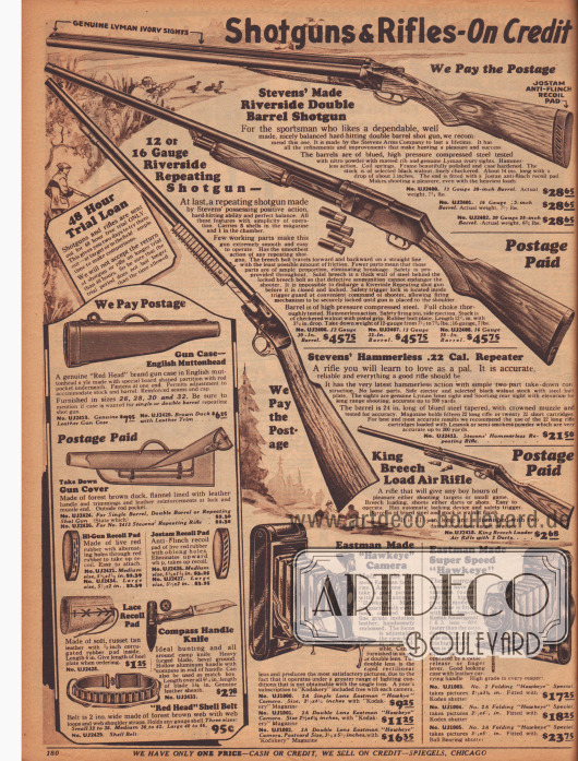 „Schrotflinten & Gewehre – Auf Kredit“ (engl. „Shotguns & Rifles – On Kredit“).
Eine Doppellauf-Jagdgewehr der Marke Stevens, zwei Repetiergewehre der Marken Riverside und Stevens sowie ein Luftgewehr („King Breech Load Air Rifle“) mit Munition.
Unten rechts sind zwei Fotoapparate/Rollfilm-Fotokameras der Marke Eastman („Hawkeye“ und „Super Speed ‚Hawkeye‘“).
Links unten befinden sich zwei Gewehrholster aus Kanevas, drei Rückstoßkissen für Schrotflinten und Gewehre, ein Jagdmesser und ein Munitionsgürtel.