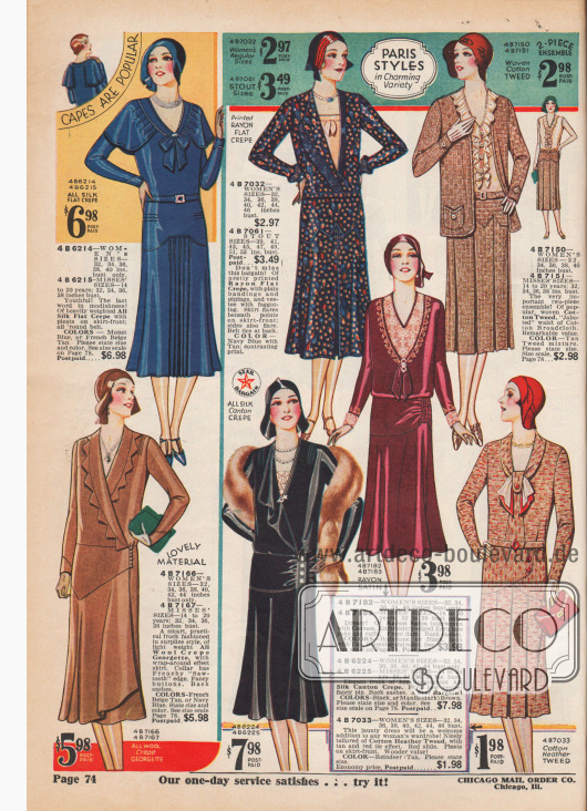 Sieben Kleider aus Seiden-, Rayon-, Woll-, Tweed-, Jersey-, Satin– und Georgettemischstoffen.