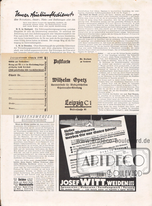 Lose beiliegende Postkarte (Maße: 14,5 x 9,2 cm / 5,71 x 3,62 in) zum Bestellen von Schnittmustern:
Die Vorderseite der Postkarte ist adressiert an Herrn Wilhelm Opetz (Vertriebsstelle für Modezeitschriften Schnittmuster-Abteilung), Leipzig C 1, Brüderstraße 61. Die Schnittmuster konnten wahlweise per Nachnahme oder mittels Postscheck (Postscheckkonto Leipzig 2582) bezahlt werden.