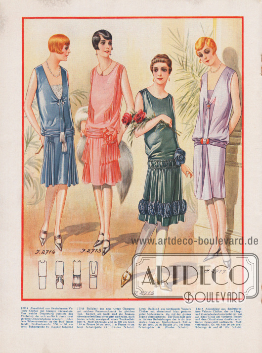 Ärmellose Abend- und Ballkleider aus blauem (erstes Modell), fahlblauem (drittes Modell) und fliederfarbenem (viertes Modell) Velours Chiffon und rosa Crêpe Georgette, deren Oberteile leicht blusig gearbeitet sind.
Das erste Abendkleid zeigt am Rock zwei gereihte Glockenbahnen. Der Stoff über dem Silberspitzeneinsatz ist leicht gerafft. Die zweite Abendtoilette präsentiert reichen Fransenschmuck und eine Stoffblüte im gleichen Ton.
Seidenrüschen, eine Blüte aus gleichem Stoff in gleichem Ton und Reihenziehungen an Schultern und Taille sind die Besonderheiten des dritten Modells. Der Velours Chiffon des letzten Kleides ist im Längs- und Querfadenverlauf verarbeitet, was auf diese Weise am vorderen Einsatz und dem Gürtel einen dunkler schattierten Besatzstoff vortäuscht.