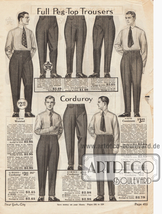 „Vollwertige Karottenhosen“ (engl. „Full Peg-Top Trousers“).
Die hier gezeigten Anzughosen mit Bundfalte präsentieren eine breite, betonte Hüftpartie, wobei sich die Hosenbeine zu den Hosenaufschlägen verjüngen (Karottenhosen). Der Hosenbund reicht bis in die Taille. Die modischen Anzughosen sind aus gekämmter Baumwolle, Woll-Serge, Woll-Baumwoll-Mischgewebe, Baumwoll-Woll-Kaschmir und Kordsamt (gerippter Samt oder auch Cord).