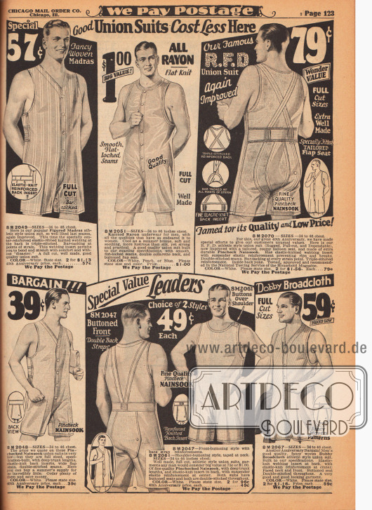 Athletische, kurzärmelige und kurzbeinige Herrenunterwäsche – Hemdhosen (engl. „union suits“) – aus gemustertem Madras, gestricktem Rayon, fein kariertem Nainsook (besonders leichter Musselin, Baumwollgewebe) sowie Breitgewebe in Maschenmusterung.
Die Hemdhosen können über Knopfleisten in der Front oder per Knopfverschluss an einer Schulter geschlossen werden. Die Rückenpartien (siehe Modell oben rechts) und Nähte sind besonders verstärkt, um eine lange Haltbarkeit und Strapazierfähigkeit gewährleisten zu können. Praktische aufknöpfbare Hosenböden.