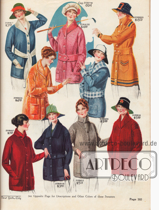 Farbige Strickjacken mit langem Schoß für Damen.
Hergestellt sind die Cardigans aus Seiden-Woll-Garn, reiner Wolle oder Baumwoll-Garn. Alle Strickjacken besitzen beidseitige Taschen und fast alle Modelle einen Gürtel. Die Jacken sind ideal für den Wintersport oder auch für die allgemeine Tagesmode.