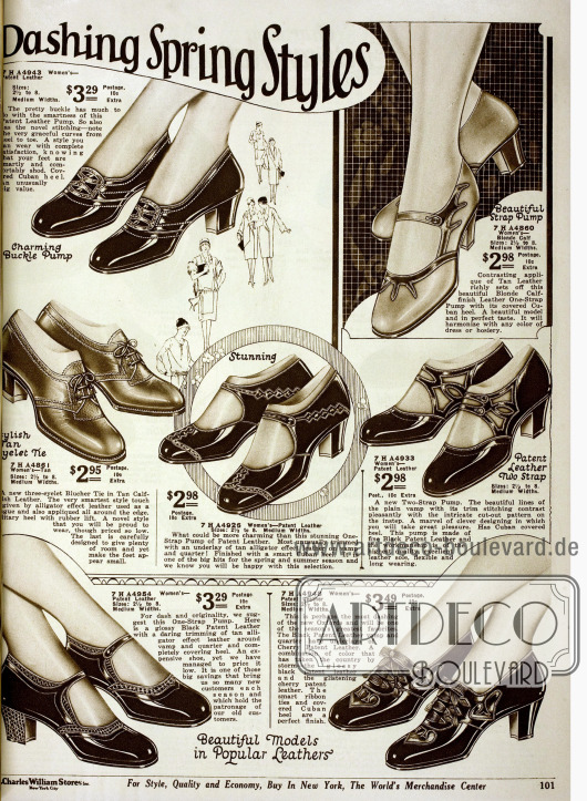 „Attraktive Footwear Models – Dashing Spring Styles“. Doppelseite mit niedrigen kubanischen Absätzen aus Lackleder und Ziegenleder. Ziernähte, Perforationen, Metallschnallen, Lederriemchen und Schuhe aus zweifarbigem Leder geben Variation.