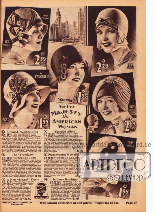 Französische Damenhüte für die kultivierte Amerikanerin aus Wollfilz.
Stickereien, Ornamente und Applikationen aus Wollfilz, Ziernähte, Ripsbänder, Hutnadeln und Broschen aus Metall geben jedem Hut einen eigenen, besonderen Charakter.