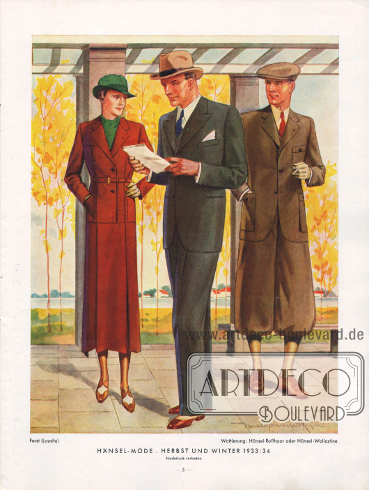 Ein sportliches Damenkostüm, ein eleganter Sakkoanzug für den Herrn sowie ein Sportanzug für Männer mit Knickerbockerhose und einem Sportsakko mit drei großen Taschen in der Modelinie der Herbst- und Winter Saison 1933/34.
Wattierung: Hänsel-Roßhaar oder Hänsel-Wollastine. Darstellung der Modelle im herbstlichen Rosengarten von Forst (Lausitz).
Illustration/Zeichnung: Harald Schwerdtfeger (1888-1956).