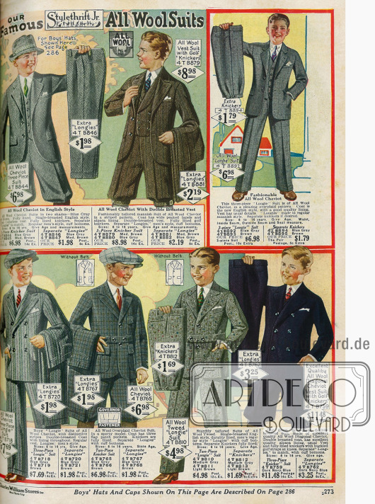 Anzüge aus reinen Wollstoffen für Jungen von 6 bis 16 Jahren. Die Anzüge bestehen aus Sakko (2 Modelle mit Taillengürtel), Weste und kurzer oder wahlweise langer Hose.