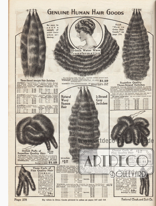 „Echte menschliche Haarwaren“ (engl. „Genuine Human Hair Goods“).
Haarteile, Locken und Strähnen aus echtem Frauenhaar verschiedener Längen und Aufmachungen zur Verschönerung und Anreicherung der Damenfrisur. Die Haarteile sind in allen gängigen Naturhaarfarben außer Grau lieferbar.
Oben in der Mitte wird ein breit aufgefächertes Haarteil mit leichter Wasserwelle angeboten.