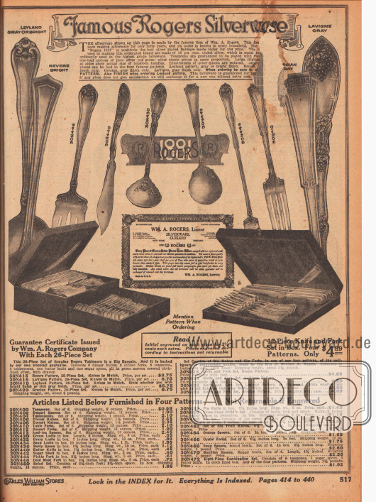 „Die berühmten Rogers Silberbestecke“ (engl. „Famous Rogers Silverware“).
Seite mit Beschädigung oben rechts (ca. 3 cm² fehlen).
Elegant gearbeitetes und kunstvoll ornamentales Tafelsilber der Marke Rogers 1881 (1929 von Oneida Community Company gekauft).
Die Bestecke können 26-teilig für 8,75 Dollar oder 12-teilig für 4,89 Dollar geordert werden. Einzeln können auch folgende Besteckteile hinzubestellt werden: Teelöffel, Nachtischlöffel, Tafellöffel, Tischmesser, Dessertmesser, Tischgabeln, Nachtischgabeln, lange Eisteelöffel, Suppenkellen, Saucenkellen, Sahnekellen, Löffel für Beeren, Buttermesser, Zuckerdosen, Gabeln für Aufschnitt, Gurkengabeln, Salatbesteck, Tortenheber, Kinderbesteck, Kuchen- und Tortenbesteck, Früchtemesser, Orangenlöffel, Austerngabeln, Suppenlöffel, Boullionlöffel sowie ein achtteiliges Set aus 6 Teelöffeln, einem Zuckerlöffel und einem Buttermesser.