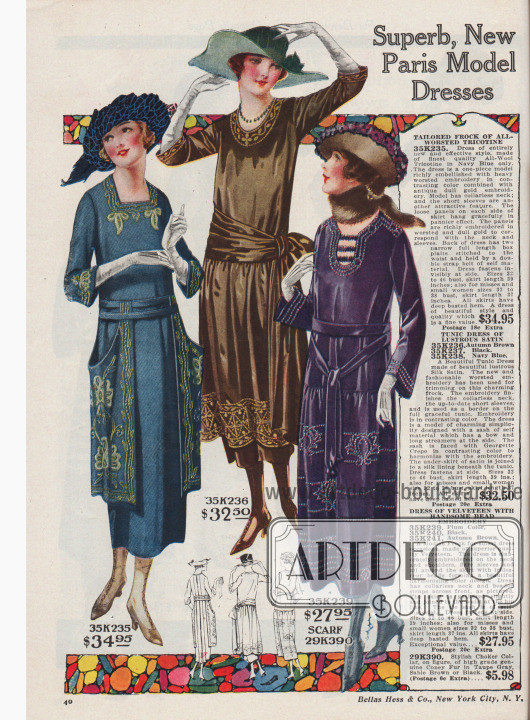 Doppelseite mit feinsten Damenkleidern aus Tricotine, Satin, Samt und Woll-Serge für 27,95 bis 34,95 Dollar.