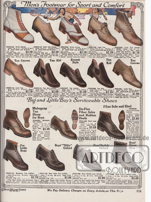 Bequeme Sportschuhe und Hausschuhe für Herren (oben) sowie Halbschuhe und halbhohe Stiefeletten für größere und kleinere Jungen und heranwachsende Männer (unten).
Die Sportschuhe oben sind aus hellbraunem Kanevas. Zwei Modelle sind zweifarbig und sind aus einer Kombination von weißem Kanevas und hellbraunem Lederimitat hergestellt. In der zweiten Reihe mittig sind zwei „Romeo Slippers“ und ein „Everett style Slipper“ aus dunkelbraunem Chevreauleder (Ziegenleder).
Unten sind Straßenschuhe aus mahagonibraunen, nicht näher definierten Ledern für Jungen.