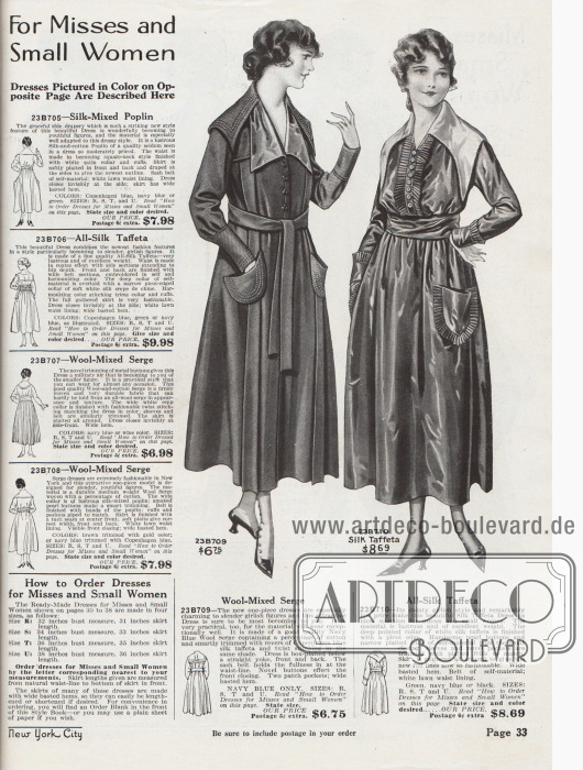 Zwei Kleider aus marineblauem Woll-Serge sowie grünem Seiden-Taft für junge Frauen und Damen mit kleinen Konfektionsgrößen.
Das erste Kleid zeigt einen bestickten Capekragen. Auch die Manschettenärmel und die halbrunden, aufgesetzten Taschen sind bestickt. Revers aus hellblauem Seiden-Taft.
Das zweite Kleid besitzt einen sehr breiten, punktuell zulaufenden Capekragen mit Picotkante. Brust, Ärmelaufschläge und Taschen sind mit Plisseerüschen berandet. Knopfleiste aus Perlmutt in der Brustpartie.
Unten links auf der Seite befindet sich eine Anweisung zum korrekten Bestellen von Kleidern für junge Frauen und Damen mit kleinen Konfektionsgrößen.