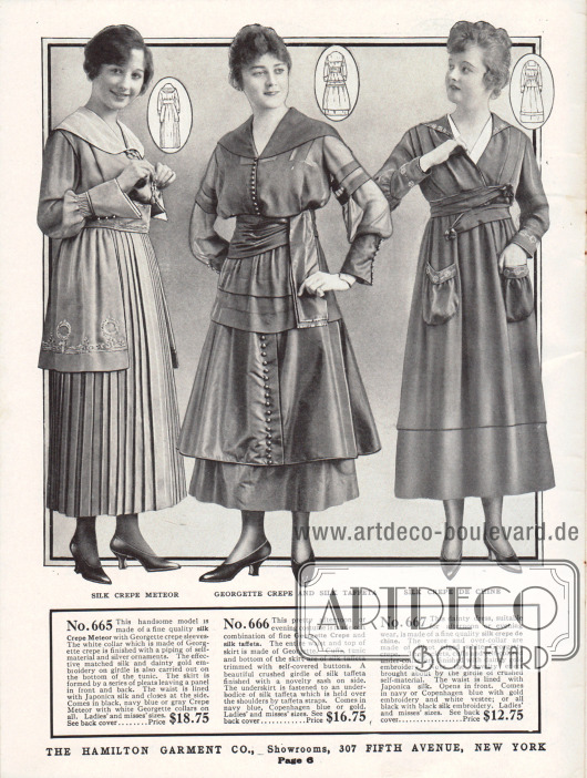 Elegante Gesellschaftskleider, die ebenso für abendliche Anlässe geeignet sind, aus Seiden Krepp Meteor, Georgette Krepp und Seiden-Taft sowie Seiden Crêpe de Chine.
Das erste mondäne Kleid präsentiert amüsant gearbeitete Ärmel aus Georgette Krepp. Auch der der helle Kragen ist aus diesem Material. Die beidseitig überlappenden Tunikateile sind mit ornamentaler Stickerei versehen. Der Rock besteht aus durchgängig plissiertem Stoff. Das mittlere, aufwändig gearbeitete Gesellschaftskleid zeigt einen weit ausgestellten Rock. Das blusige Oberteil ist aus Georgette Krepp, während Garnitur, Tunika und Rock aus Seiden-Taft hergestellt sind. Das Kleid kann auch als Abendkleid getragen werden. Das dritte Gesellschaftskleid zeigt einen Wickelgürtel, aufgesetzte Beuteltaschen sowie Stickereien an Kragen, Manschetten und Taschen.