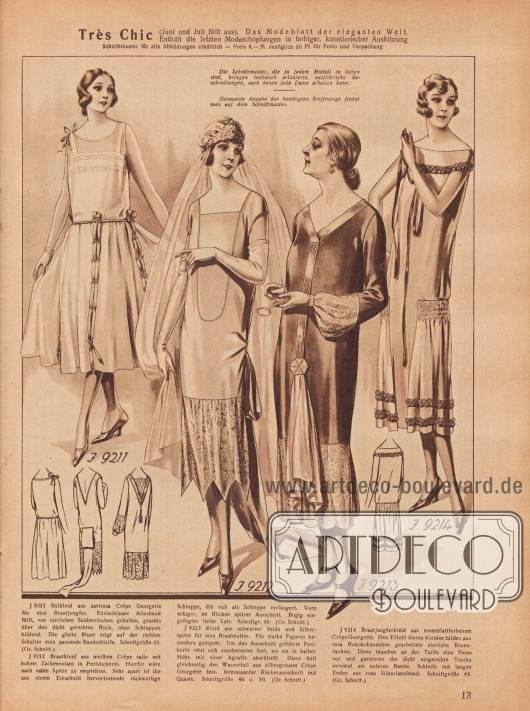 9211: Stilkleid aus zartrosa Crêpe Georgette für eine Brautjungfer. Enzianblaues Atlasband fällt, von zierlichen Seidenröschen gehalten, graziös über den dicht gereihten Rock, oben Schluppen bildend. Die glatte Bluse zeigt auf der rechten Schulter eine passende Bandschleife.
9212: Brautkleid aus weißem Crêpe Satin mit hohem Zackenvolant in Perlstickerei. Hierfür wäre auch echte Spitze zu empfehlen. Sehr apart ist die aus einem Einschnitt hervortretende rückwärtige Schluppe, die sich als Schleppe verlängert. Vorn eckiger, im Rücken spitzer Ausschnitt. Bogig eingefügter tiefer Latz.
9213: Kleid aus schwarzer Seide und Silberspitze für eine Brautmutter. Für starke Figuren besonders geeignet. Um den Ausschnitt geführte Perlborte setzt sich vornherunter fort, wo sie in halber Höhe mit einer Agraffe abschließt. Diese hält gleichzeitig den Wasserfall aus silbergrauem Crêpe Georgette fest. Interessanter Rückenausschnitt mit Quaste.
9214: Brautjungfernkleid aus rosenblattbarbenem Crêpe Georgette. Den Effekt dieses Kleides bilden aus rosa Rokokobändchen gearbeitete zierliche Rosenranken. Diese täuschen an der Taille eine Passe vor und garnieren die dicht eingereihte Tunika zweimal am unteren Rande. Schleife mit langen Enden aus rosa Silberlaméband.