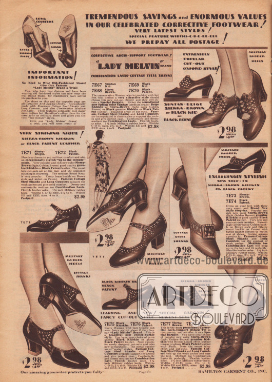 „Gewaltige Ersparnisse und enorme Werte in unseren gefeierten orthopädischen Schuhen! Neueste Schuhmodelle! Besondere Schuhbreiten C, D, E, EE, EEE. Wir zahlen das Porto!“ (engl. „Tremendous Savings and Enormous Values in Our Celebrated Corrective Footwear! Very Latest Styles! Special Feature Widths-C-D-E-EE-EEE. We Prepay All Postage!“).
Elegante Schnallenschuhe und Pumps aus Lackleder oder Chevreauleder (Ziegenleder) für Damen, die Schuhe mit besonderer breite sowie eine spezielle Stützung des Fußgewölbes benötigen. Die Paare zeigen kunstvolle Ausstanzungen, kleine Schleifen oder Metallbroschen („Kolonialpump“). Modelle mit mittelhohen kubanischen Absätzen.