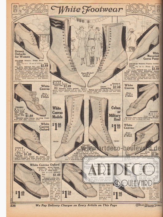 „Weißes Schuhwerk“ (engl. „White Footwear“).
Sommerliche Damenschuhe in einfachen Aufmachungen aus luftdurchlässigem weißen Kanevas für unterschiedlichste Anlässe und Freizeitaktivitäten. Unter den Schuhen sind Oxfords, Pumps, Schnallenschuhe, Pumps mit Knöchelschnalle, Stiefel und Stiefelletten sowie Sportschuhe.
Die Absätze der Schuhe sind zumeist flach oder niedrig. Nur einzelne Modelle haben halbhohe Absätze. Die Stiefel zeigen mittelhohe kubanische oder geschwungene Louis XIV Absätze.