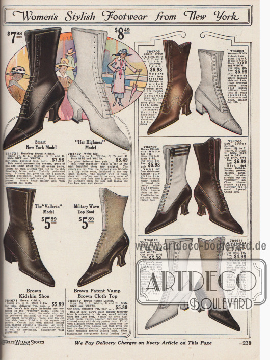 „Stilvolle Damenschuhe aus New York“ (engl. „Women’s Stylish Footwear from New York“).
Mondäne und exklusive Schnürstiefel im teilweise zweifarbigen Design für Frauen. Die Stiefel sind aus „Broadway braunem“, weißem, goldbraunem oder schwarzem Ziegenleder, braunem Lackleder und Kalbsleder oder weißem Nubukleder (Leder mit angerauter Oberfläche). Bei zwei Modellen sind Oberteile (Schafte) aus farblich hellerem Stoff hergestellt.
Die Absätze sind entweder geschwungene Louis XIV Absätze oder niedrigere, breite militärische Absätze. Lochlinienverzierungen (Perforationen) und fast ausschließlich spitze Kappen sind an den verschiedenen Modellen stilgebend.