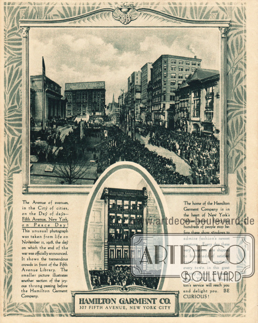 Rückseite des Katalogs. Die obere Fotografie zeigt die Parade am Tag des Waffenstillstandes am 11. November 1918 auf der New Yorker Fifth Avenue, aufgenommen an der New York Public Library. Das kleinere Bild darunter zeigt das Kaufhaus von Hamilton Garment an der 307 Fifth Avenue.
