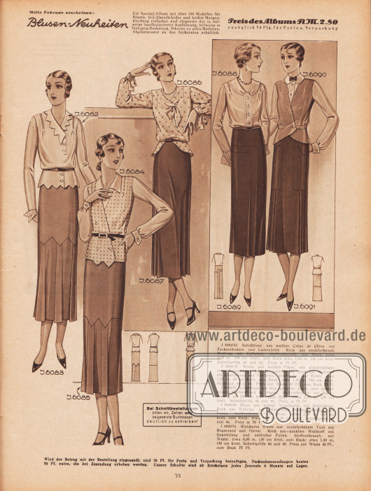 6082/83: Schoßbluse aus weißem Crêpe de Chine mit Zackenrändern und Ledergürtel. Rock aus modefarbenem Wollrips mit Tollfalten.
6084/85: Weste aus weißem Pikee, mit gleichmäßigen roten Kreuzstichen bestickt. Ledergürtel. Rock aus Wollstoff mit Querteilung und Tollfalten.
6086/87: Schoßbluse aus blau getupfter Seide, zum dunkelblauen Wollstoffrock zu tragen.
6088/89: Bluse aus weißer Waschseide mit Hohlnähten. Rock aus Wollrips mit effektvoller Hüftpassenteilung und Falten.
6090/91: Kleidsame Weste aus modefarbenem Tuch mit Bogenrand und Gürtel. Rock aus dunklem Wollstoff mit Querteilung und seitlichen Falten.