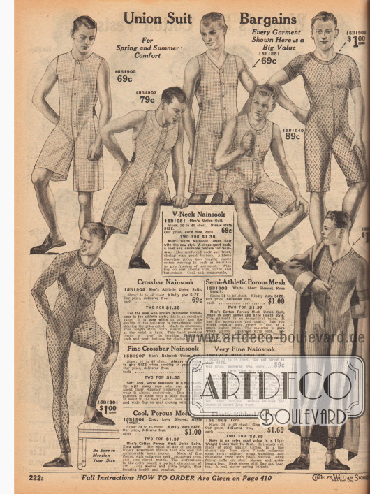 Sommerlich leichte sowie athletische Hemdhosen mit Frontverschluss für junge Männer und Herren.
Die kurzbeinigen und ärmellosen Hemdhosen sind aus kariertem Nainsook (leichter Baumwollmusselin), die Modelle mit langen Armen und Beinen aus porigem Gewebe mit grober Maschenweite oder gerippter Baumwolle. Knöchel und Handgelenke mit elastischen Bündchen. Alle Modelle mit Gesäßklappe.