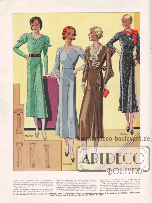 6337: Flottes jugendliches Kleid aus hellgrünem, weiß gemustertem Jersey. Puffärmel und Ausschnitt sind mit gebundenen Blenden garniert. Breiter Wildledergürtel.
6338: Das elegante Teekleid aus stahlgrauer Seide zeigt an der Taille inkrustierte Spitzenteile in gleicher Farbe. Die Schnittlinien des Modells sind parallellaufend angeordnet.
6339: Brauner Seidenmarocain dient zur Herstellung des eleganten Nachmittagskleides. Ecrufarbene Spitze ist für Kragen und Aufschläge sowie für die Schleifchen verwendet. Kragen und Aufschläge: Modell Spitzenhaus Schöneberg, Berlin.
6340: Nachmittagskleid aus gemusterter Seide mit asymmetrischer Teilung und Fächerfalten. Für Schal und Ärmelfutter ist rote Seide gewählt.