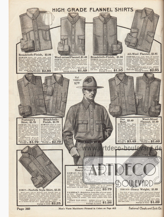 Robuste, strapazierfähige Arbeitshemden und Flanellhemden aus Flanell, Wollestoffen oder Breitgeweben. Alle Hemden besitzen Brusttaschen und verstärkte Nähte.
In der Mitte links wird ein Hemd für Postboten gezeigt. Unten links befindet sich ein militärisch geschnittenes Hemd im Norfolk Stil und in der Mitte unten wird ein Armeehemd mit passendem Hut angeboten.