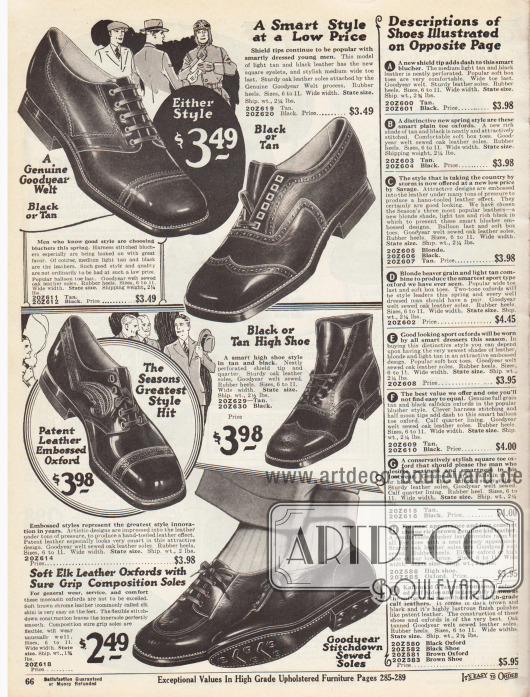 Feine Straßenschuhe aus dunklen und dunkelbraunen Ledersorten für Herren.
Unter den Schuhen sind zwei Derby Modelle (links oben und links unten), ein Oxford (rechts oben), eine Stiefelette und ein Oxford mit Mokassin Rundnaht aus Elchsleder. Die Schuhe sind teilweise geprägt, mit Ziernähten oder Perforationen versehen. Ein Halfbrogue mit Lochlinienverzierung auf der Naht der Querkappe sowie ein Fullbrogue Modell (Stiefelette). Die Schuhe sind Rahmenvernäht (engl. „Goodyear welted“).