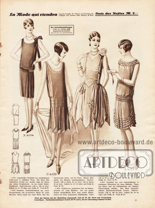 4174: Jugendliches Festkleid aus dunkelblauem Crêpe Satin in schlichter Form. Der Rock fällt linksseitlich glockig aus. Darüber zeigt der Gürtel eine schöne Strassschnalle. An der Achsel Schleifenschmuck.
4175: Elegantes Gesellschaftskleid aus rotem Georgettekrepp und écrufarbener Spitze für junge Mädchen. Spitze ergibt den engen Rock, über den Garniturteile fallen und die Passe. Breiter Hüftgürtel aus Blenden zusammengesetzt.
4176: Stilkleid aus jadegrünem Taft mit Schneppentaille für junge Mädchen. Der mit großen Zacken abschließende Rock zeigt schöne Blütenmotive aus flach aufgesetzten Stoffblenden.
4177: Tanzkleid aus rosa Georgettekrepp in kleidsamer Blusenform für junge Mädchen. Passe und Gürtel sind aus Puffenblenden mit schräger Faltenrichtung gebildet. Den Rock begrenzen schmale übereinander fallende Volants.
