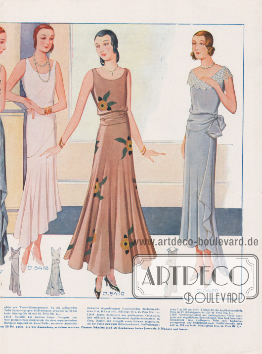 Doppelseite mit Abendmode für Gesellschaft und Tanz.
Die sieben Abendkleider sind aus fliederfarbenem Crêpe de Chine, paillefarbenem Crêpe Nicole, Crêpe Satin und Tüll, mattblauem Moiréseide, zartrosa Crêpe Georgette, goldbraunem Crêpe Satin und traubengrauem Crêpe Georgette.
Das zweite und das fünfte Kleid zeigen eine asymmetrische Hüftpasse mit gleichem Glockenvolant. Das vierte Modell hat einen interessanten Teilungseffekt mit Wasserfallarrangements. Eine verlängerte Bahn mit Kaskade, einer Schleife und Spitzenkragen werden vom letzten Gesellschaftskleid präsentiert.
