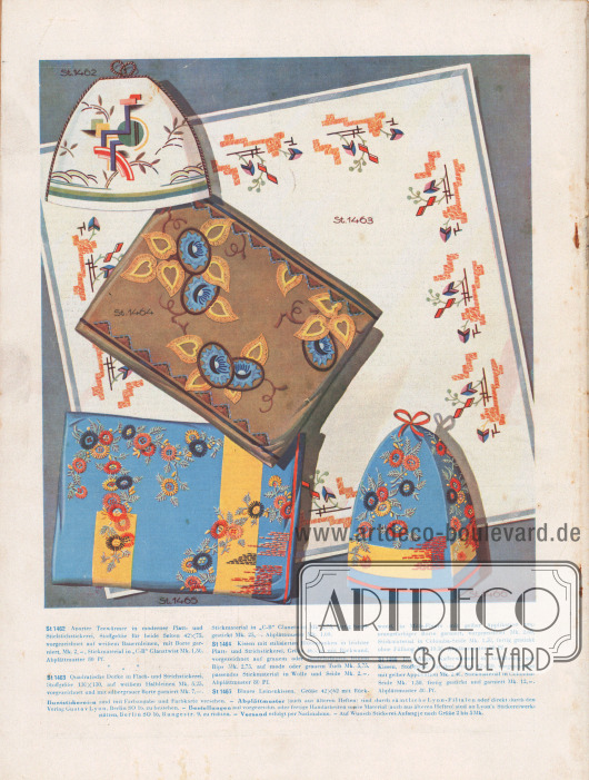 St 1462: Aparter Teewärmer in moderner Platt- und Stielstichstickerei, Stoffgröße für beide Seiten 42 x 75, vorgezeichnet auf weißem Bauernleinen, mit Borte garniert, Mk. 2,-, Stickmaterial in „C-B“ Glanztwist Mk. 1,50. Abplättmuster 80 Pf.
St 1463: Quadratische Decke in Flach- und Strichstickerei, Stoffgröße 130 x 130, auf weißem Halbleinen Mk. 5,25, vorgezeichnet und mit silbergrauer Borte garniert Mk. 7,-. Stickmaterial in „C-B“ Glanztwist Mk. 2,75, fertig handgestickt Mk. 25,-. Abplättmuster Mk. 1,60.
St 1464: Kissen mit stilisierten Blütenranken in leichter Platt- und Strichstickerei, Größe 46 x 65 mit Rückwand, vorgezeichnet auf grauem oder modefarbigem, feinem Rips Mk. 2,75, auf mode oder grauem Tuch Mk. 5,75, passendes Stickmaterial in Wolle und Seide Mk. 2,-. Abplättmuster 80 Pf.
St 1465: Blaues Leinenkissen, Größe 42 x 62 mit Rückwand, in Mille-Fleurs mit gelber Applikation und orangefarbiger Borte garniert, vorgezeichnet Mk. 2,60, Stickmaterial in Colombia-Seide Mk. 1,50, fertig gestickt ohne Füllung Mk. 10,50. Abplättmuster 80 Pf.
St 1466: Dreiteiliger Kaffeewärmer in Ausführung wie Kissen, Stoffgröße für drei Seiten 42 x 80, vorgezeichnet mit gelber Applikation Mk. 2,40, Stickmaterial in Colombia-Seide Mk. 1,50, fertig gestickt und garniert Mk. 12,-. Abplättmuster 80 Pf.