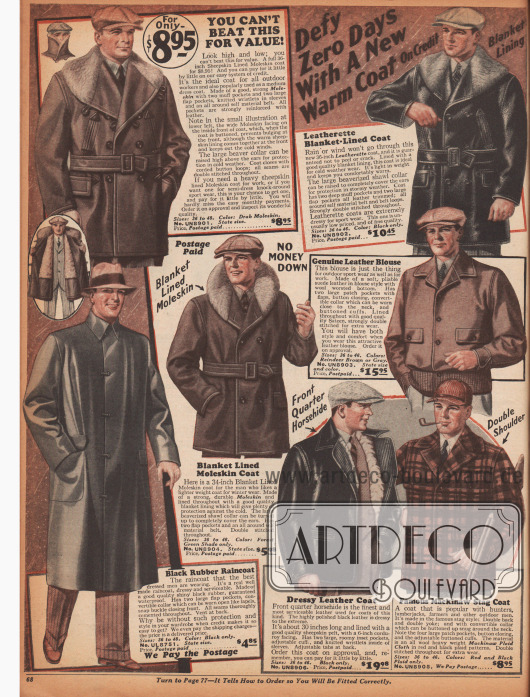 Doppelseite mit warmen Jacken, Regenmänteln, einer Lumber Jacket (Holzfällerjacke) einem Blouson aus Wildleder und einer mit Schafsfell gefütterten Weste. Die Materialien der Jacken sind Leder, Englischleder (engl.: „moleskin“), Kord oder Jeansstoff (Baumwolle). Vier der Jacken sind sogenannte „Mackinaw Jackets“, die sich durch ihre breiten Kragen, doppelten Knopfleisten und einem dicken Gürtel auszeichnen.