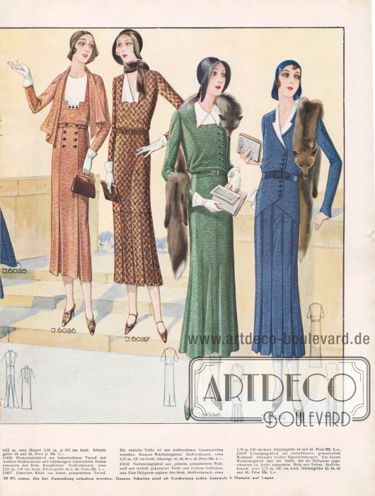 6036: Promenadenkleid aus kakaofarbenem Tweed mit weißem Seideneinsatz und schalartigem Garniturteil. Falten erweitern den Rock. Knopfbesatz.
6037: Einfaches Kleid aus braun gemustertem Tweed. Die einfache Taille ist mit weißseidenen Garniturteilen versehen. Brauner Wildledergürtel.
6038: Nachmittagskleid aus grünem, gemustertem Wollstoff mit seitlich geknöpfter Taille und weißem Seideneinsatz. Eine Hüftpasse ergänzt den Rock.
6039: Übergangskleid aus mittelblauem, gemustertem Wollstoff. Schmaler weißer Ripsseidenkragen. Ein blauer Wildledergürtel hält die Taille, der die Hüftpasse angeschnitten ist, leicht zusammen. Rock mit Falten.