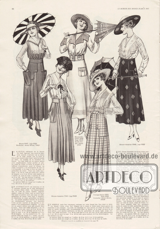 9187, 9320 & 10621: Kleid bestehend aus Bluse und Rock. Für die Bluse aus zweierlei Material eignen sich Crêpe de Chine, Satin oder Pongee in Verbindung mit Georgette Krepp, Seiden-Musseline oder Spitze. Die Bluse zeigt enge Manschetten und einen Matrosenkragen. Stickerei nach Abplättmuster 10621. Der plissierte Rock aus Baumwolltuch oder Baumwoll-Gabardine ist Stufenförmig aufgebaut und zeigt zwei aufgesetzte Taschen.
9344 & 9329: Kombination bestehend aus Bluse mit Hohlnähten, spitzem Kragen, engen Manschetten und Bandschleife sowie einem Rock mit Plisseegruppen, die oben abgenäht sind, und großen aufgesetzten Beuteltaschen.
Die Bluse kann wahlweise aus Baumwoll-Voile (Schleierstoff), Batist, Organdy, Zephyr, Crêpe de Chine oder Waschsatin gefertigt werden. Für den Rock bieten sich Leinen, Baumwoll-Gabardine, Shantung, Serge oder Flanell auch in Streifen- oder Schachbrettmusterung an.
9342, 9318 & 2355: Blusen-Rock-Kombination. Die Bluse ist aus hellem Stoff mit dunkler Garnitur und wird über einen großen Knopf geschlossen. Kragen mit Sternchenstickerei (siehe Muster 2355). Der Rock wird aus zwei oder drei Teilen zusammengesetzt und ist mit militärischen Taschen und Ziernähten versehen.
Zur Herstellung der Bluse werden Leinen, Shirting-Stoffe aller Art, Crêpe de Chine, Waschseiden sowie Waschsatins und für den Rock Baumwoll-Gabardine, Leinen, Serge oder ähnliche Stoffe empfohlen.
9203, 9320 & 10649: Rock-Blusen-Kombination. Die Schnür-Bluse zeigt einen breiten, fichuartigen Kragen mit Plisseerüsche, die auch an den engen Manschetten zu finden ist. Zudem reiche Säumchen und Hohlnahtverzierungen. Für die Soutache-Stickerei siehe Abplättmuster 10649. Die sehr breite, stufige Hüftpasse ist mit Knöpfen geziert. Unterhalb der Passe springen die festgenähten Falten auf.
Die Bluse kann aus Baumwoll-Voile (Schleierstoff), Crêpe de Chine, Batist, Linon, Organdy, Tüll oder ähnlichen Geweben hergestellt werden. Für den Rock werden Leinen, Baumwoll-Gabardine, Serge oder Woll-Gabardine empfohlen.
9346 & 9322: Kombination aus Hemdbluse und Rock. Die Bluse mit Klippverschlüssen zeigt eine plissierte, breite Rüsche zu beiden Seiten des Ausschnitts sowie Hohlsäume. Der Rock ohne Gürtel ist aus vier Teilen gearbeitet.
Zur Herstellung der Bluse ist die Verwendung von Batist, Baumwoll-Voile (Schleierstoff), feinen Kreppstoffen, Crêpe de Chine, Linon oder Waschseide ratsam. Feine Baumwollgewebe, Serge, Baumwoll-Popeline, Baumwoll-Gabardine oder Wollstoffe werden für den Rock empfohlen.