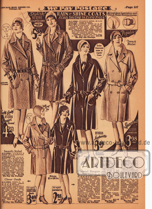 Regenmäntel mit Gürtel und aufgesetzten Taschen für Damen und Mädchen aus gummiertem Tweed, Leder mit Alligator Maserung, Kunstleder und gummiertem Gabardine.
Alle Regenmäntel besitzen an den Unterärmeln kleine Riemchen zum Zuschnüren und überdies unter den Ärmeln winzige Ventilationslöcher.
