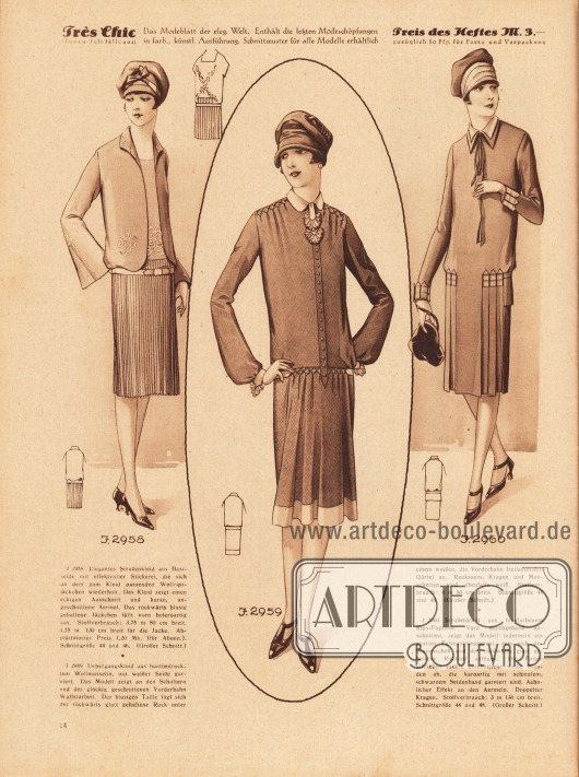 2958: Elegantes Straßenkleid aus Bastseide mit effektvoller Stickerei, die sich an dem zum Kleid passenden Wollrips-Jäckchen wiederholt. Das Kleid zeigt einen eckigen Ausschnitt und kurze, angeschnittene Ärmel. Das rückwärts blusig gehaltene Jäckchen fällt vorn boleroartig aus.
2959: Übergangskleid aus buntbedrucktem Wollmusselin, mit weißer Seide garniert. Das Modell zeigt an den Schultern und der glockig geschnittenen Vorderbahn Waffelarbeit. Der blusigen Taille fügt sich der rückwärts glatt gehaltene Rock unter einem weißen, die Vorderbahn freilassenden Gürtel an. Rocksaum, Kragen und Manschetten sind ebenfalls weiß.
2960: Straßenkleid aus bleufarbenem Rips-Papillon. Vorn durchgehend geschnitten, zeigt das Modell jederseits ein apartes Faltenarrangement, dem sich der Blusenschoß und der rückwärts glatt gehaltene Rockteil anfügen. Die Falten schließen zackig geschnittene weiße Blenden ab, die karoartig mit schmalem, schwarzem Seidenband garniert sind. Ähnlicher Effekt an den Ärmeln. Doppelter Kragen.