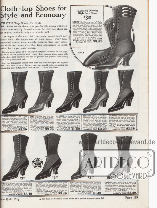 Hoch geschnittene Schnürstiefel und Stiefel mit seitlichen Druckknöpfen aus Chevreauleder (Ziegenleder) oder Lackleder für Damen. Alle Modelle zeigen ein Top aus gichtgewebtem Stoff, das zudem entweder glatt oder rundlich geschnitten ist. Vorrangig kubanische Absätze oder auch geschwungene Louis XIV Absätze. Spitze Schuhkappen.