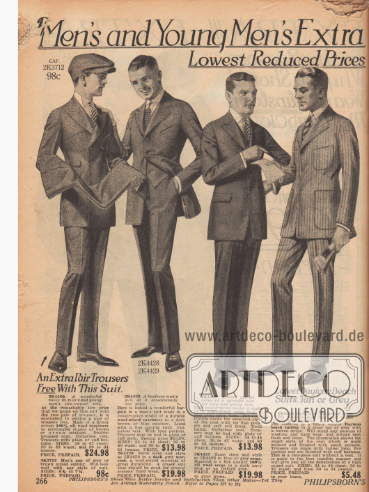Doppelseite mit überwiegend einreihigen Anzügen für Männer und jüngere Männer aus Woll-Kaschmir, Woll-Serge, „Daytona beach suiting“ (leichter Sommerstoff), „Palm Beach cloth“ (ebenfalls leichter Sommerstoff) und reinem Kaschmir. Die Sakkos zeigen kurze Revers und sind eng auf Taille sowie mit recht großen Taschen gearbeitet. Die passenden Hosen sind Knöchellang und ebenso röhrenartig eng geschnitten.
Einzelne Modelle werden mit einem zweiten zusätzlichen Paar Hosen geliefert.