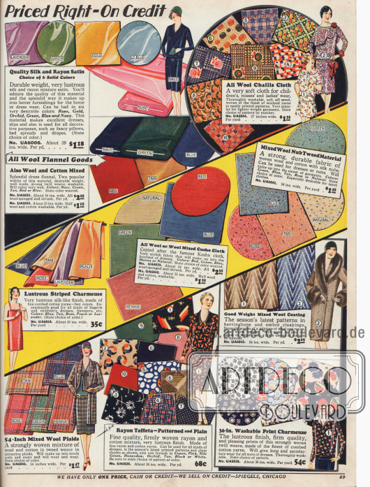 Doppelseite mit verschiedensten Stoffen mit unterschiedlichsten Mustern und Drucken zum Selbstschneidern, wie Flanell, Perkal, Seiden Crêpe de Chine, Bauwoll-Seide, Gingham, Chambray, Baumwoll-Foulard, reine Seiden, Rayon-Satins, Woll-Flanells, reine Wollstoffe, Woll-Tweed, Charmeuse und Rayon-Taft.
Die Breite der Stoffe liegt zwischen 27 und 54 Inch. (also 68,6 und 137,2 cm), während die Preise pro Yard (91,44 cm) Länge gerechnet werden.