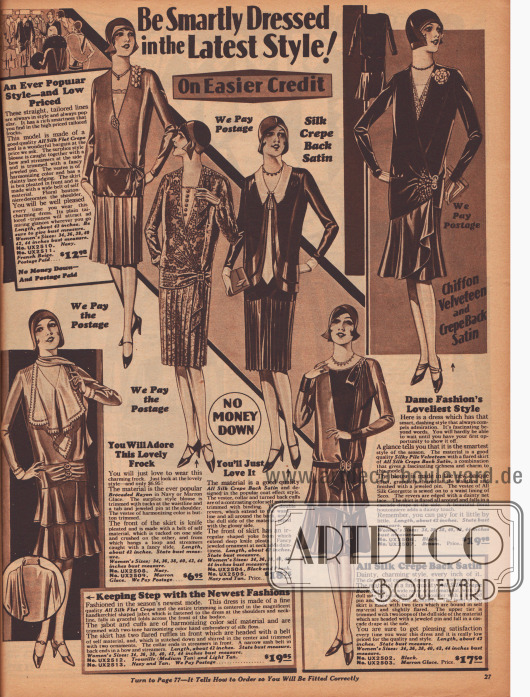 Doppelseite mit 12 Damenkleidern aus Seiden-Georgette, Seiden Krepp, Seiden-Satin Krepp, Woll-Tweed, Rayon-Brokat und Seiden-Samt. Trotz ähnlichen Schnitten weisen alle Kleider unterschiedliche Ausschnittverarbeitungen und Details auf. Ein und zweistufige Volants mit grazilem Faltenwurf sind bereits Vorboten der neuen weiblichen Modelinie.