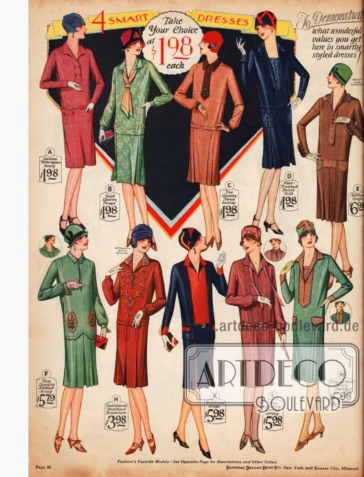 Einfache Damenkleider für den täglichen Bedarf für 1,98 bis 6,98 $ aus Jersey, Seide, Wollmischstoffen, Woll-Krepp, Woll-Jersey und Tweed.