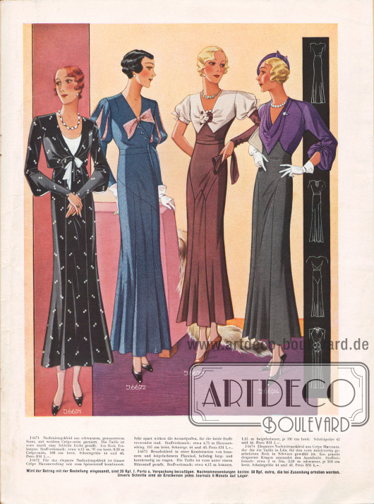 6671: Nachmittagskleid aus schwarzem, gemustertem Samt, mit weißem Crêpe-Satin garniert. Die Taille ist vorn durch eine Schleife leicht gerafft. Am Rock Teilungen.
6672: Für das elegante Nachmittagskleid ist blauer Crêpe Hammerschlag mit rosa Spitzenstoff kombiniert. Sehr apart wirken die Ärmelpuffen, für die beide Stoffe verwendet sind.
6673: Besuchskleid in einer Kombination von braunem und beigefarbenem Flamisol, beliebig lang- und kurzärmelig zu tragen. Die Taille ist vorn unter einem Blütentuff gerafft.
6674: Elegantes Nachmittagskleid aus Crêpe Marocain, der für die Taille in Lila, für den vorn miederartig gearbeiteten Rock in Schwarz gewählt ist. Ein graziös drapierter Kragen umrandet den Ausschnitt.