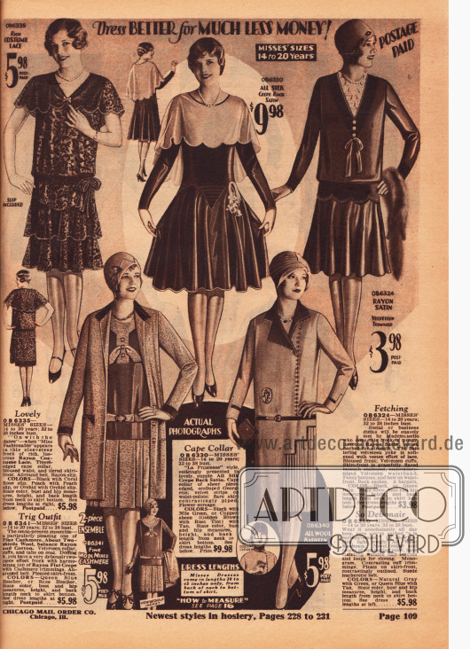 Ein Ensemble sowie mehrere Nachmittags- und Tageskleider für junge Frau zwischen 14 und 20 Jahre.
Die Kleider sind aus Spitzenstoff, Seiden-Satin Krepp, Rayon-Satin und Woll-Kasha. Das zweiteilige Ensemble unten links ist aus Woll-Kaschmir geschneidert, wobei die dazugehörige Bluse aus Rayon Krepp besteht.